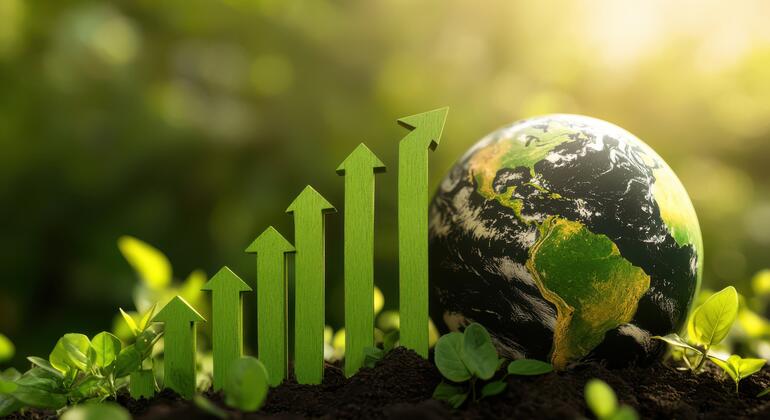 绿色箭头指向上方,从土壤上升,在植物中,在地球的旁边,象征着可持续的经济增长和环境责任.