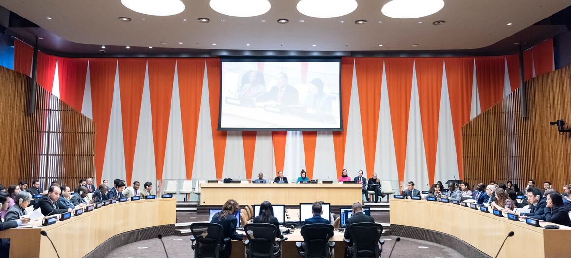 Large vue de la chambre du Conseil économique et social des Nations Unies (ECOSOC) lors d'une réunion officielle avec des délégués assis à des bureaux avec des pancartes d'organisations internationales telles que la Banque mondiale, le FMI, l'OMS, l'OMPI et le FIDA.