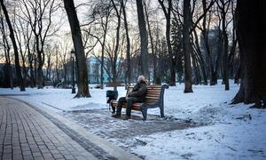 Una persona se sienta sola en un banco de madera en un parque urbano nevado durante el crepúsculo, rodeada de árboles desnudos y una pasarela pavimentada.