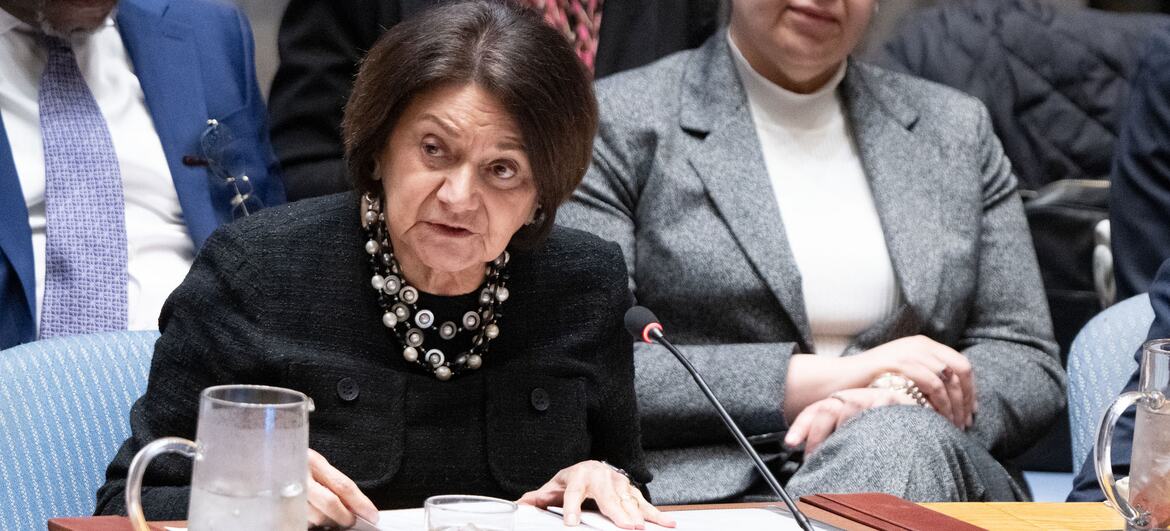 Rosemary DiCarlo, sous-secrétaire générale aux affaires politiques et de consolidation de la paix, s'exprimant lors d'une réunion du Conseil de sécurité des Nations unies sur le maintien de la paix et de la sécurité en Ukraine.