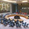 Широкий вид зала Совета Безопасности Организации Объединённых Наций во время заседания по ситуации на Гаити. Делегаты сидят вокруг знаменитого стола подковообразной формы, на стене видна большая фреска.