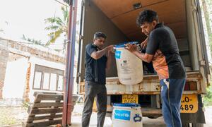 RMSD officers in Angoda, Sri Lanka, accepting a UNICEF donation of calcium hypochlorite barrels on December 2, 2025, as part of the flood-response supply process.
