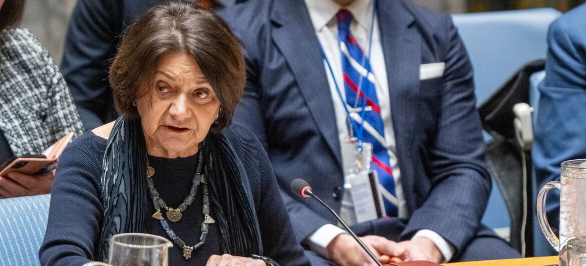 Rosemary DiCarlo, Under-Secretary-General for Political and Peacebuilding Affairs of the United Nations, speaks at a Security Council meeting addressing peace and security in Ukraine.
