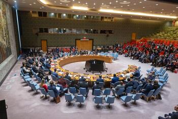 یوکرین میں امن اور سلامتی کو برقرار رکھنے پر مرکوز اقوام متحدہ کی سلامتی کونسل کے اجلاس کا وسیع نظارہ۔ نمائندے ایک بڑی سرکلر ٹیبل کے گرد بیٹھے ہیں۔