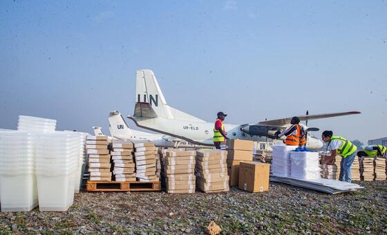 MINUSCA personnel prepare electoral supplies for transport onboard mission aircrafts as the Central African Republic heads to polls on 28 December 2025.