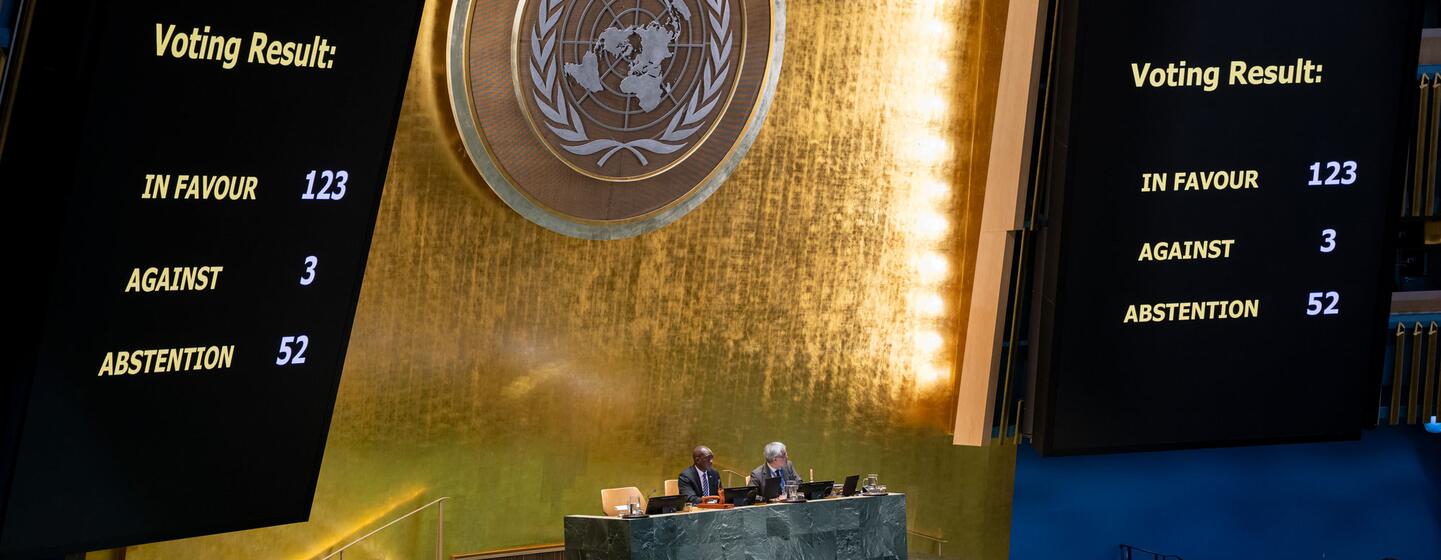 Resultados da votação na Assembleia Geral das Nações Unidas sobre a resolução que declara o tráfico de africanos escravizados e a escravatura racial de africanos como os crimes mais graves contra a humanidade foi aprovada por 123 votos a favor. A Argentina, Israel e os Estados Unidos votaram contra, com 52 Estados-Membros abstenções.