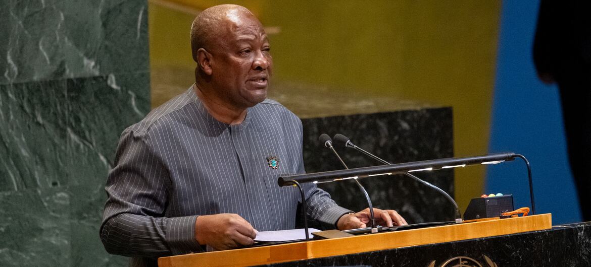 President John Mahama of Ghana speaking at the United Nations General Assembly podium.
