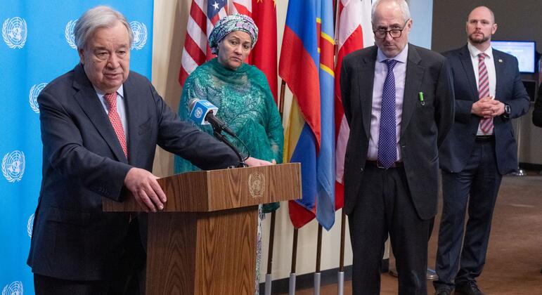 Le Secrétaire général António Guterres s'adresse à la presse sur la situation au Moyen-Orient.