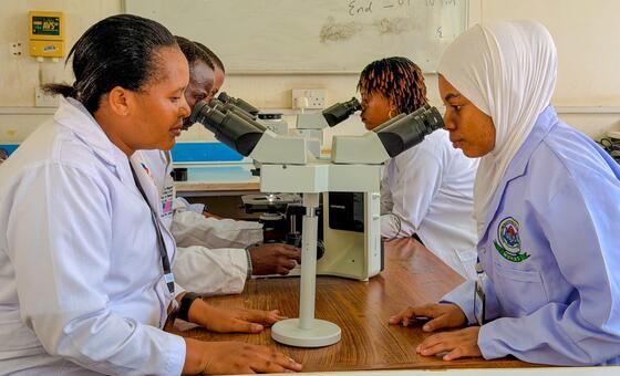 Kikundi cha wanafunzi na mwalimu aliyevaa koti la maabara hukusanyika karibu na kioo katika mazingira ya darasa, wakishiriki katika kikao cha mazoezi ya sayansi.