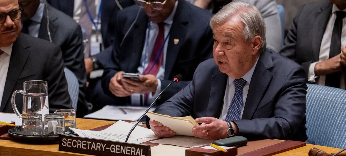 UN Secretary-General António Guterres speaks at a podium during a UN Security Council meeting in New York.