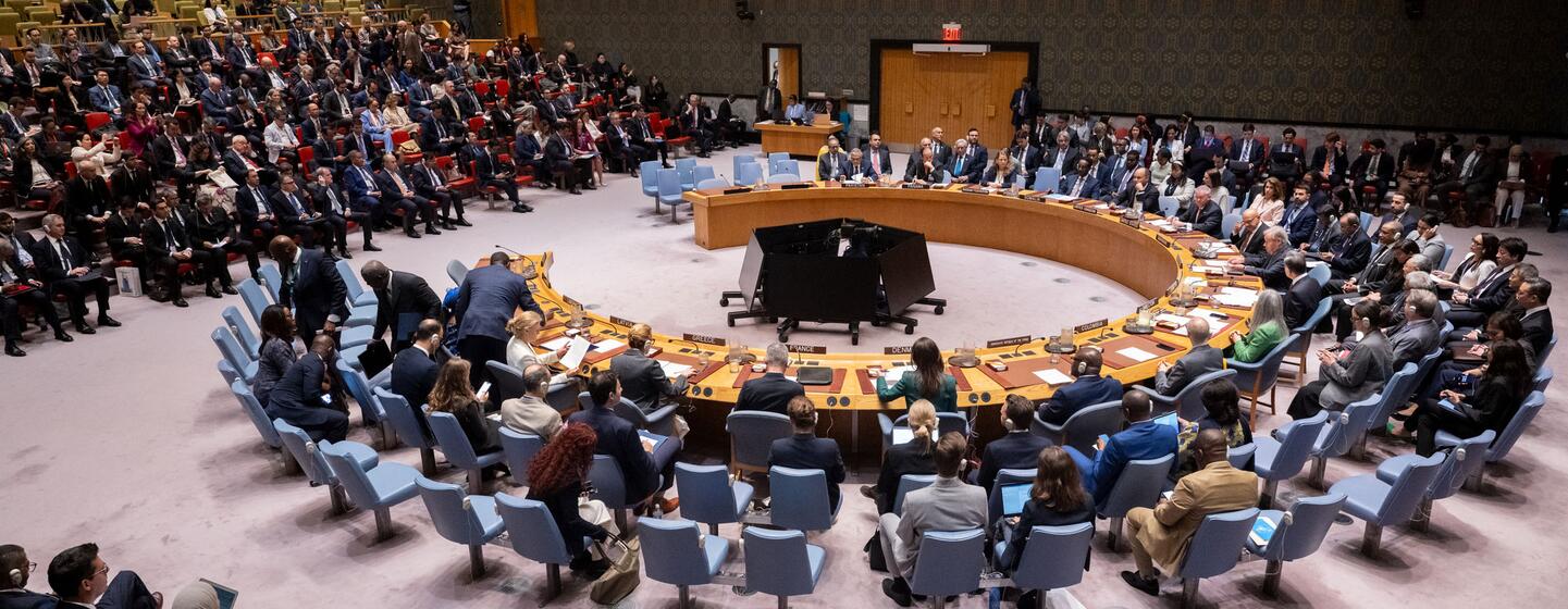 Vue d'ensemble du Conseil de sécurité des Nations unies en session, avec les délégués assis autour de la grande table circulaire dans la salle principale.