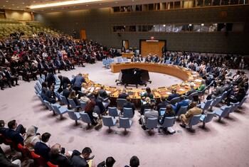 Wide view of the UN Security Council in session, with delegates seated at the large, circular table in the main chamber.