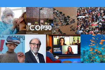 Um collage de imagens que destaca as principais questões globais para 2025, incluindo a conferência climática COP30, tecnologia de IA, saúde, notícias da ONU, podcast, recife de coral, danos causados por inundações, protestos, realidade virtual e aquecimento global.