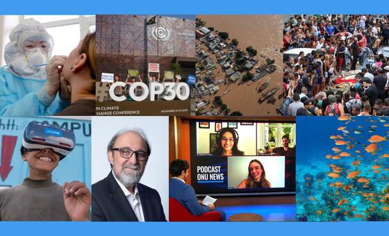 Um collage de imagens que destaca as principais questões globais para 2025, incluindo a conferência climática COP30, tecnologia de IA, saúde, notícias da ONU, podcast, recife de coral, danos causados por inundações, protestos, realidade virtual e aquecimento global.