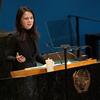 Annalena Baerbock, Presidente da Assembleia Geral das Nações Unidas, dando um discurso na Cerimônia Memorial do Holocausto realizada nas Nações Unidas.