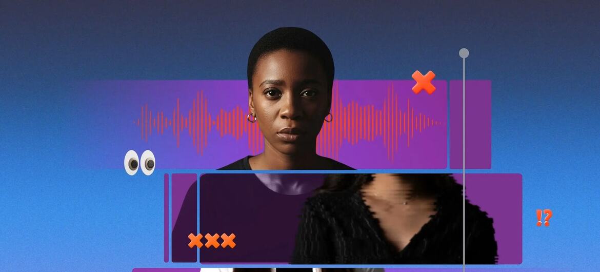 Une image composite illustrant le problème des deepfakes ciblant les femmes, avec le visage d'une femme recouvert d'éléments de distorsion numérique et de symboles de manipulation par l'IA.