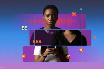 Picha iliyojumuishwa inayoonyesha suala la deepfakes zinazolenga wanawake, ikionyesha uso wa mwanamke uliofunikwa na vitu vya upotoshaji wa dijiti na ishara za udhibiti wa AI.