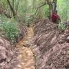 Kikundi cha watu, ikiwa ni pamoja na wanaume na mwanamke, wameketi kwenye ukingo wa mfereji mpya wa umwagiliaji katika eneo la vijijini la Somalia, pamoja na miti na mimea nyuma.