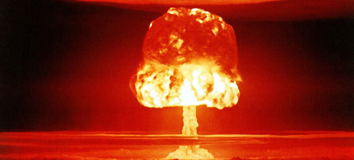 The Castle Romeo nuclear test, a massive mushroom cloud from the 1954 U.S. hydrogen bomb test at Bikini Atoll, Marshall Islands.