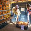 Dois indivíduos em Cabo Verde carregam batatas-doces em uma caixa de um caminhão com padrões tecidos tradicionais, simbolizando os esforços agrícolas locais e a prosperidade da comunidade.