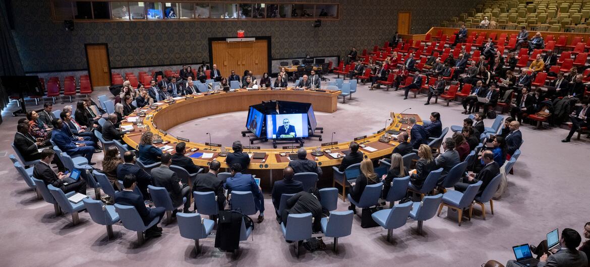 A wide view of the UN Security Council meeting on the situation in the Middle East, including the Palestinian question. Ramiz Alakbarov, Deputy Special Coordinator for the Middle East Peace Process, is briefing members via video screen.