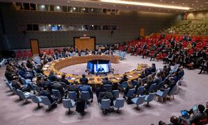 A wide view of the UN Security Council meeting on the situation in the Middle East, including the Palestinian question. Ramiz Alakbarov, Deputy Special Coordinator for the Middle East Peace Process, is briefing members via video screen.