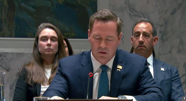 Чиновник правительства Соединенных Штатов Америки, выступающий на дипломатической встрече, с табличкой с надписью "США", рядом с двумя другими официальными лицами.