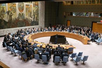 اجتماع دبلوماسي في مجلس الأمن التابع للأمم المتحدة مع مندوبين جالسين حول طاولة دائرية كبيرة.