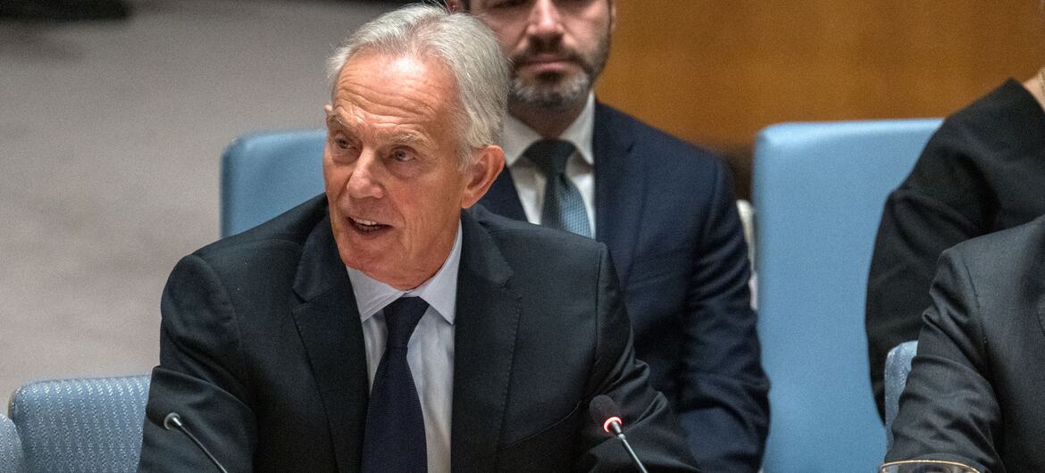 Тони Блэр, член Исполнительного совета Совета по миру, докладывает заседанию Совета Безопасности о ситуации на Ближнем Востоке, включая палестинский вопрос.