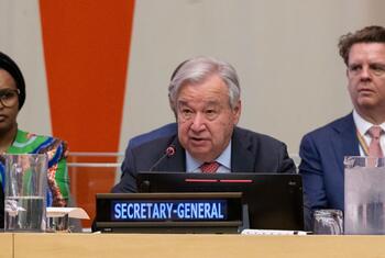 纽约联合国安理会会议上，联合国秘书长安东尼奥·古特雷斯在讲台前发表讲话。