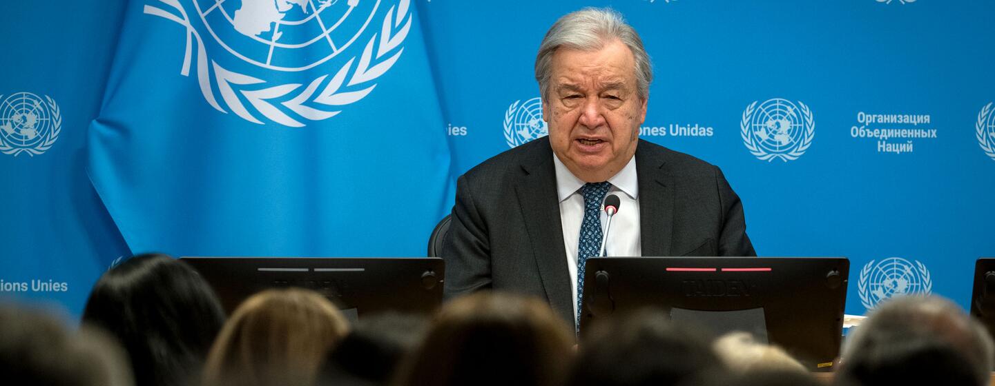 Le secrétaire général António Guterres s'exprime lors d'une conférence de presse des Nations Unies où il décrit ses priorités pour 2026, en mettant l'accent sur la paix, la justice et la responsabilité.