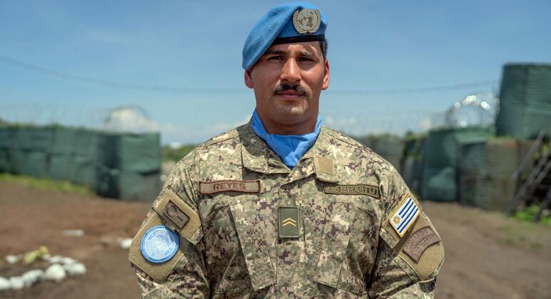 UN peacekeeper Sergeant Matias Reyes of Uruguay in uniform, with blue beret, at a UN base in Goma, DRC. He is receiving the Captain Mbaye Diagne Medal for Exceptional Courage.