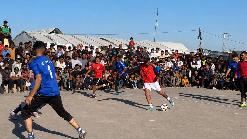 Un match de football est joué sur un terrain poussiéreux dans un camp de réfugiés, avec une grande foule de spectateurs qui regardent depuis les côtés. Des tentes sont visibles à l'arrière-plan.