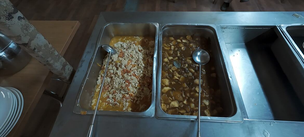 自助餐线上有两个不锈钢托盘，分别盛放着炖菜和米饭。