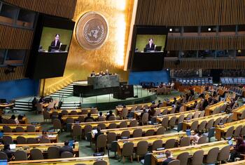 联合国大会第80届会议主席Annalena Baerbock在联合国总部主持"发展和和平运动"的全体会议.