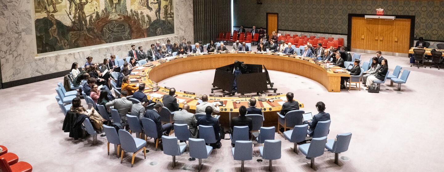 Des délégués assis autour de la table ronde lors d'une réunion du Conseil de sécurité de l'ONU à New York.
