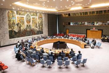 Des délégués assis autour de la table ronde lors d'une réunion du Conseil de sécurité de l'ONU à New York.