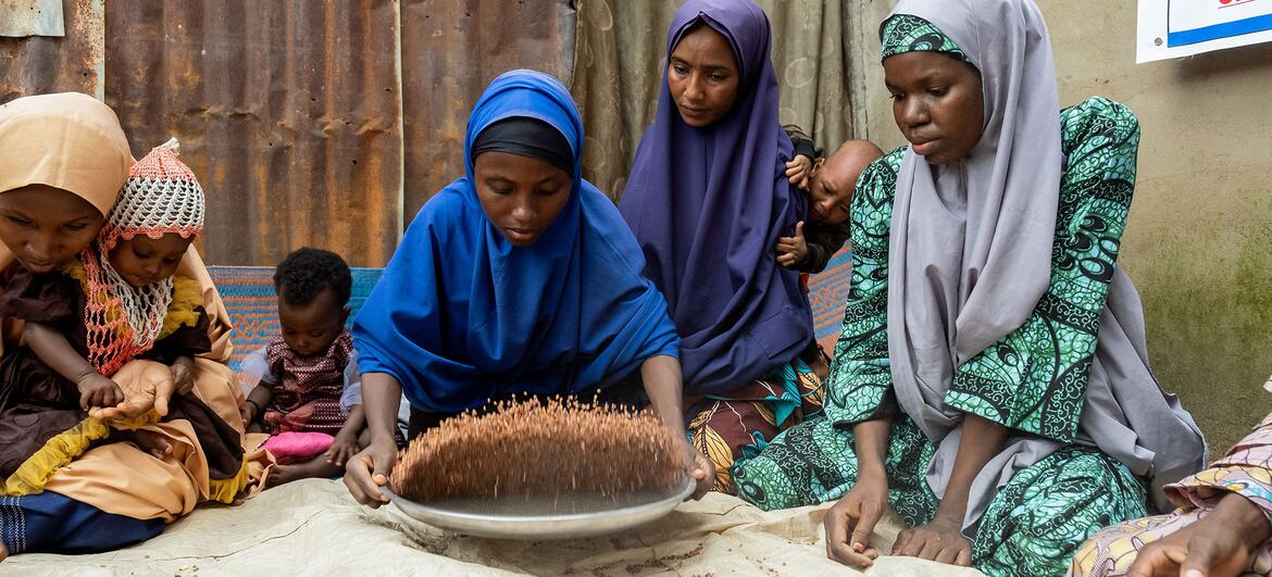 Des mères à Maiduguri, au Nigeria, trient des grains de millet, de maïs et de soja pour un supplément nutritif soutenu par le PAM pour lutter contre la malnutrition chez les enfants.
