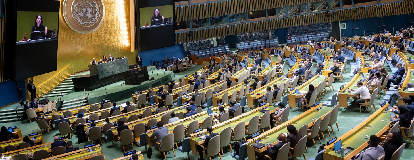 Annalena Baerbock, présidente de la 80e session de l'Assemblée générale des Nations unies, préside une réunion sur le renforcement du système des Nations unies dans la salle de l'Assemblée générale.