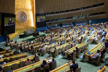 Annalena Baerbock, President of the eightieth session of the UN General Assembly, chairs a meeting on strengthening the UN System in the General Assembly hall.