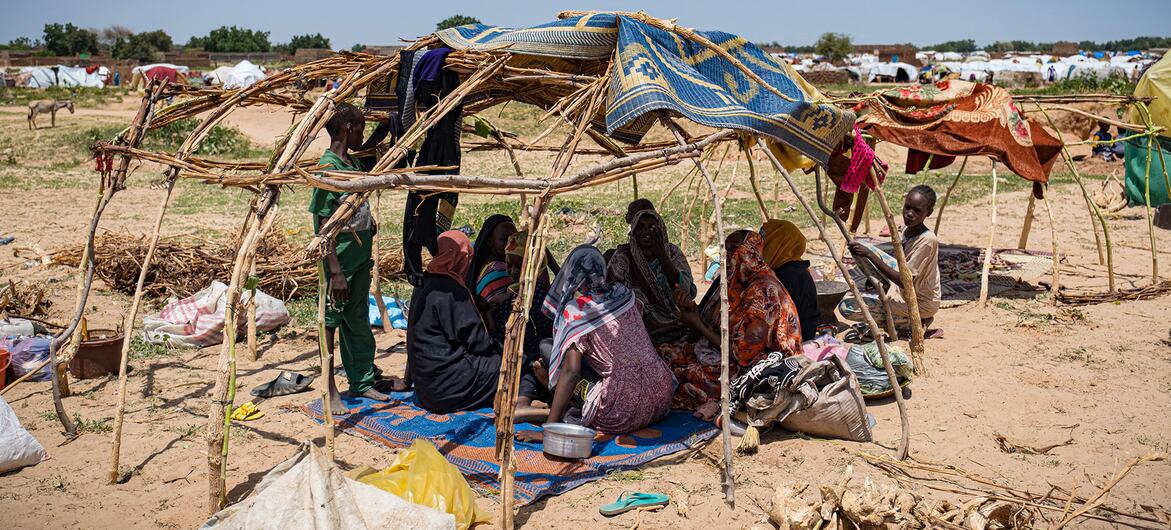 سوڈان میں تنازعہ کی وجہ سے بے گھر ہونے والے لوگ چاڈ میں ایڈری اسساکھا ہارون سائٹ پر ایک عارضی پناہ گاہ کے نیچے جمع ہوتے ہیں۔