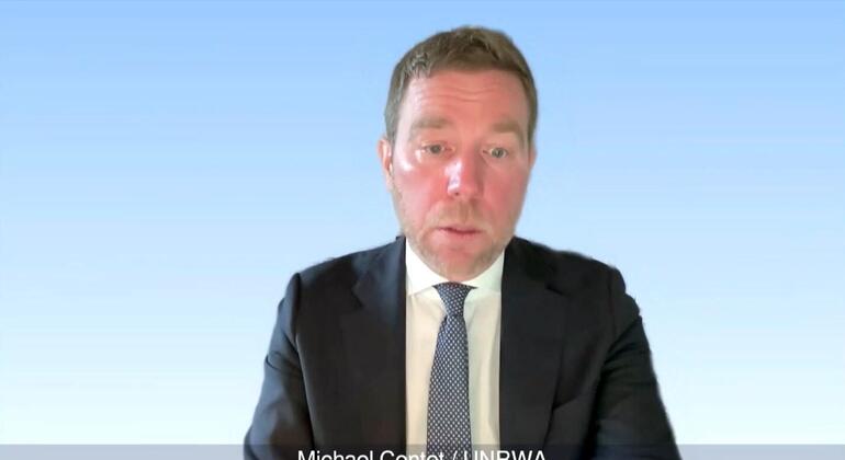 مايكل كونيت، ممثل الأونروا، يتحدث في مؤتمر فيديو.