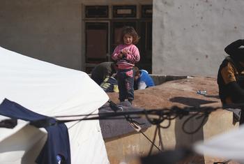 在叙利亚阿勒颇以西的阿塔里卜，一个家庭在一所学校避难，该地区发生了毁灭性的地震。