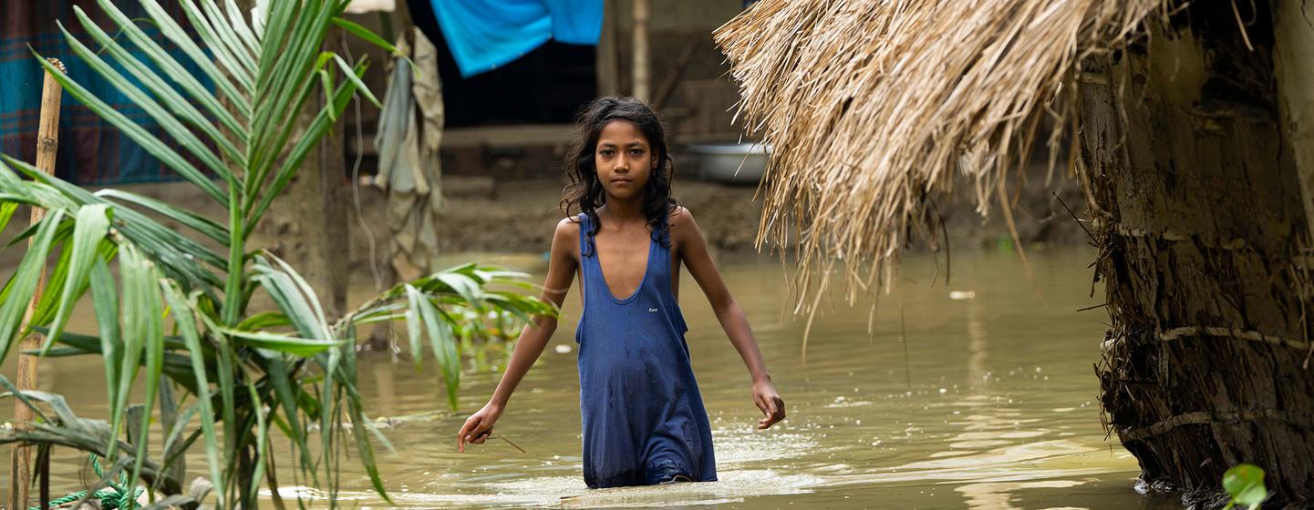 Protiva's school in Sylhet closed due to heavy flooding in northeastern Bangladesh. Her home was also flooded.
