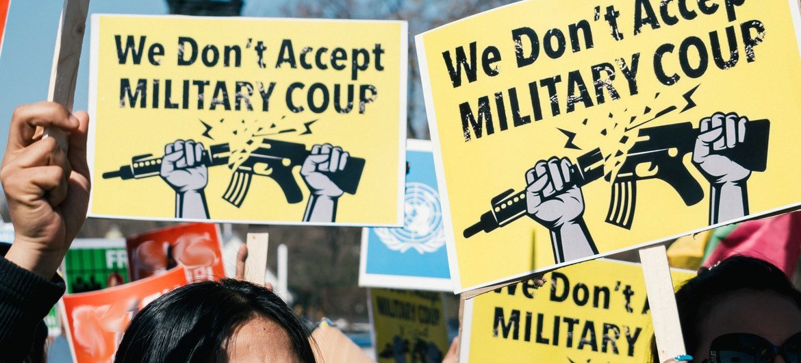 A demonstration against Myanmar's military coup takes place outside the White House in Washington, DC, USA.