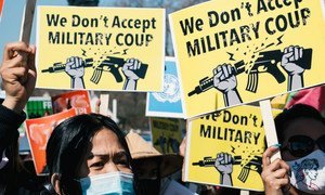 A demonstration against Myanmar's military coup takes place outside the White House in Washington, DC, USA.