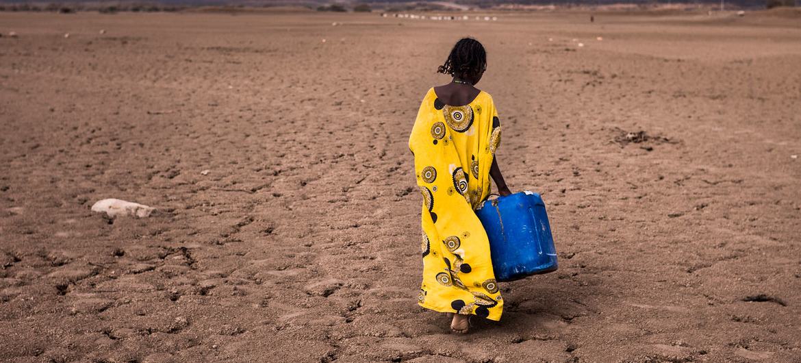 Etiyopya'nın Afar bölgesinde bir kız çocuğu su kabıyla yürüyor.