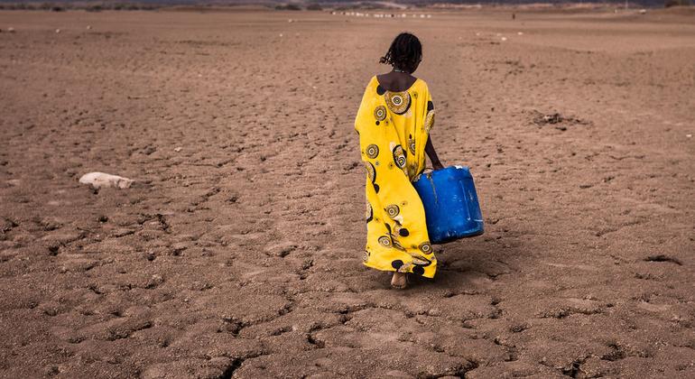 Une fille se promène avec un réservoir d'eau dans la région Afar en Éthiopie.