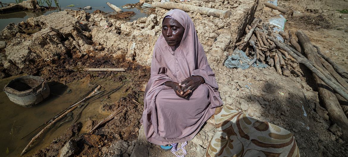 一名妇女在尼日利亚受洪水影响的约贝州拾柴。