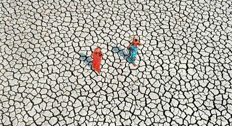 En una tierra gravemente afectada por la sequía, dos mujeres buscan su suministro diario de agua.